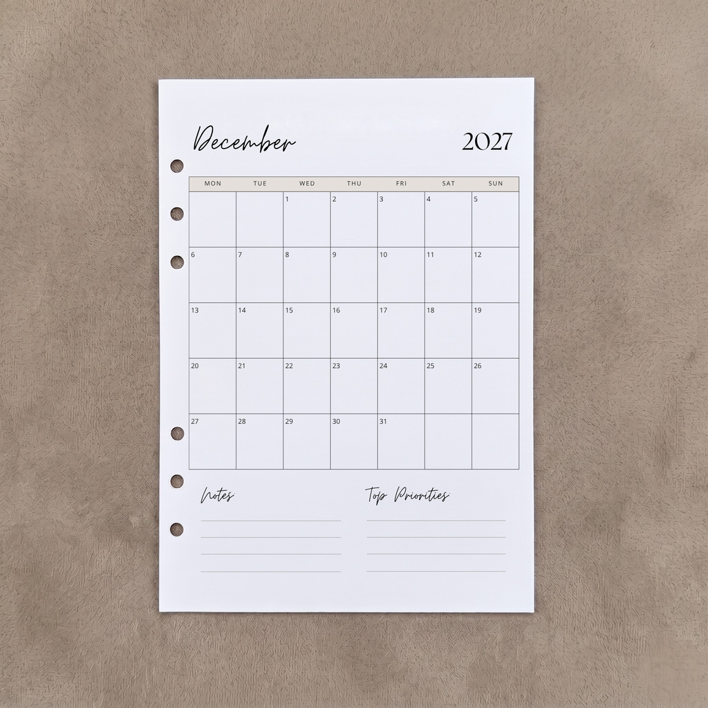 Monthly Overview 2026 / 2027 | A5 Ring Binder Inserts