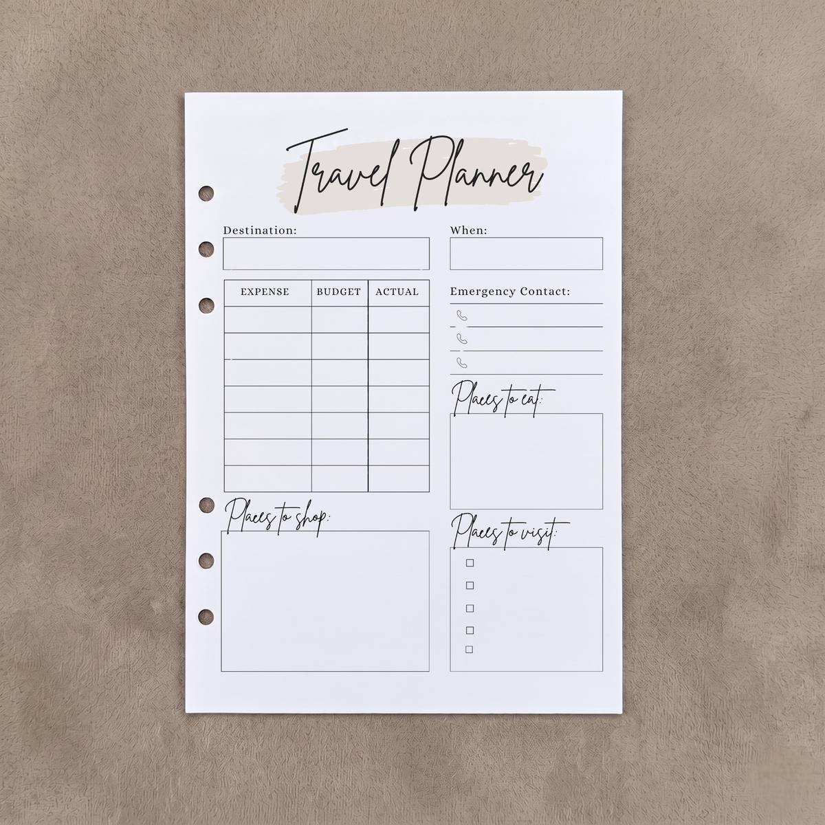 Travel Planner | A5 Ring Binder Inserts