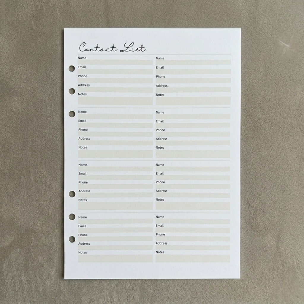 Contact List | A5 Ring Binder Inserts
