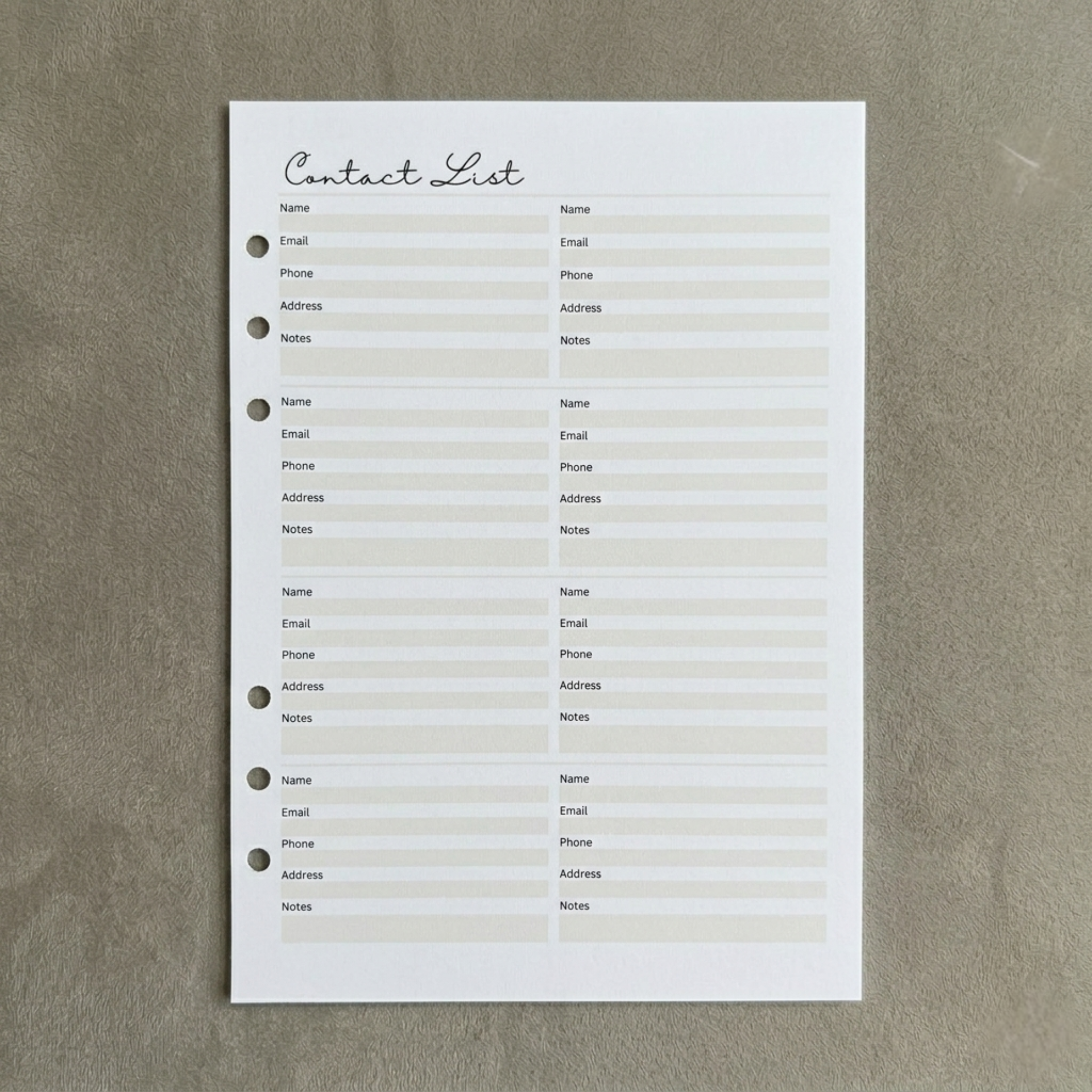 Contact List | A5 Ring Binder Inserts
