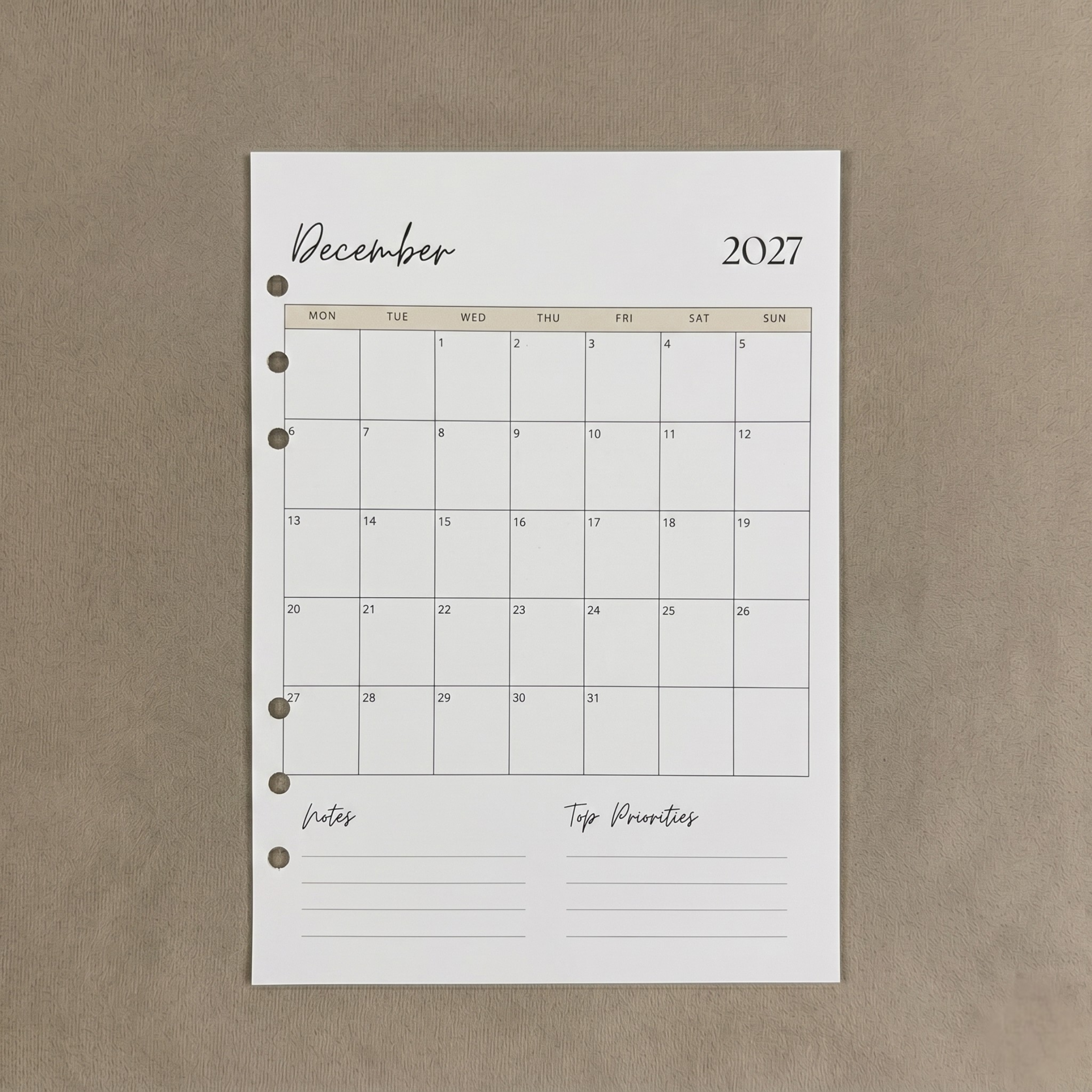 Monthly Overview 2026 | A5 Ring Binder Inserts