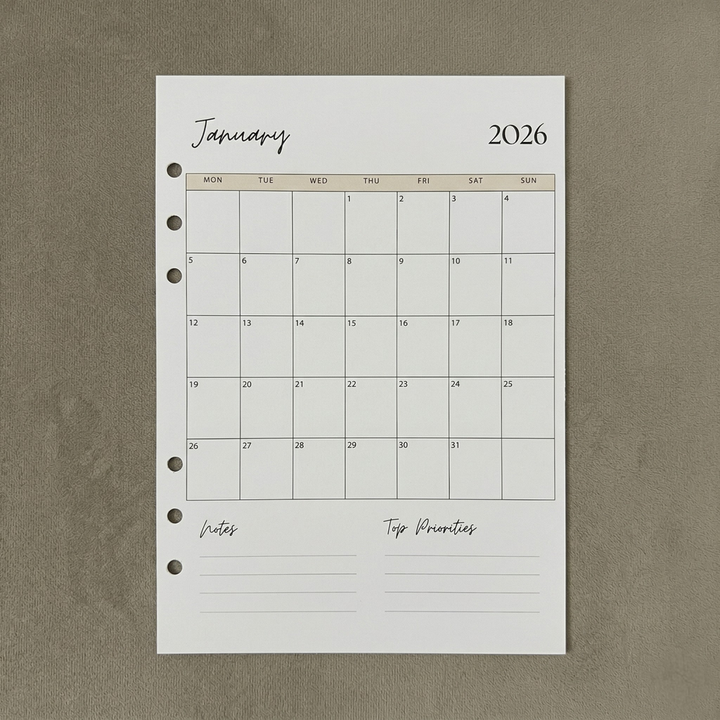 Monthly Overview 2026 | A5 Ring Binder Inserts