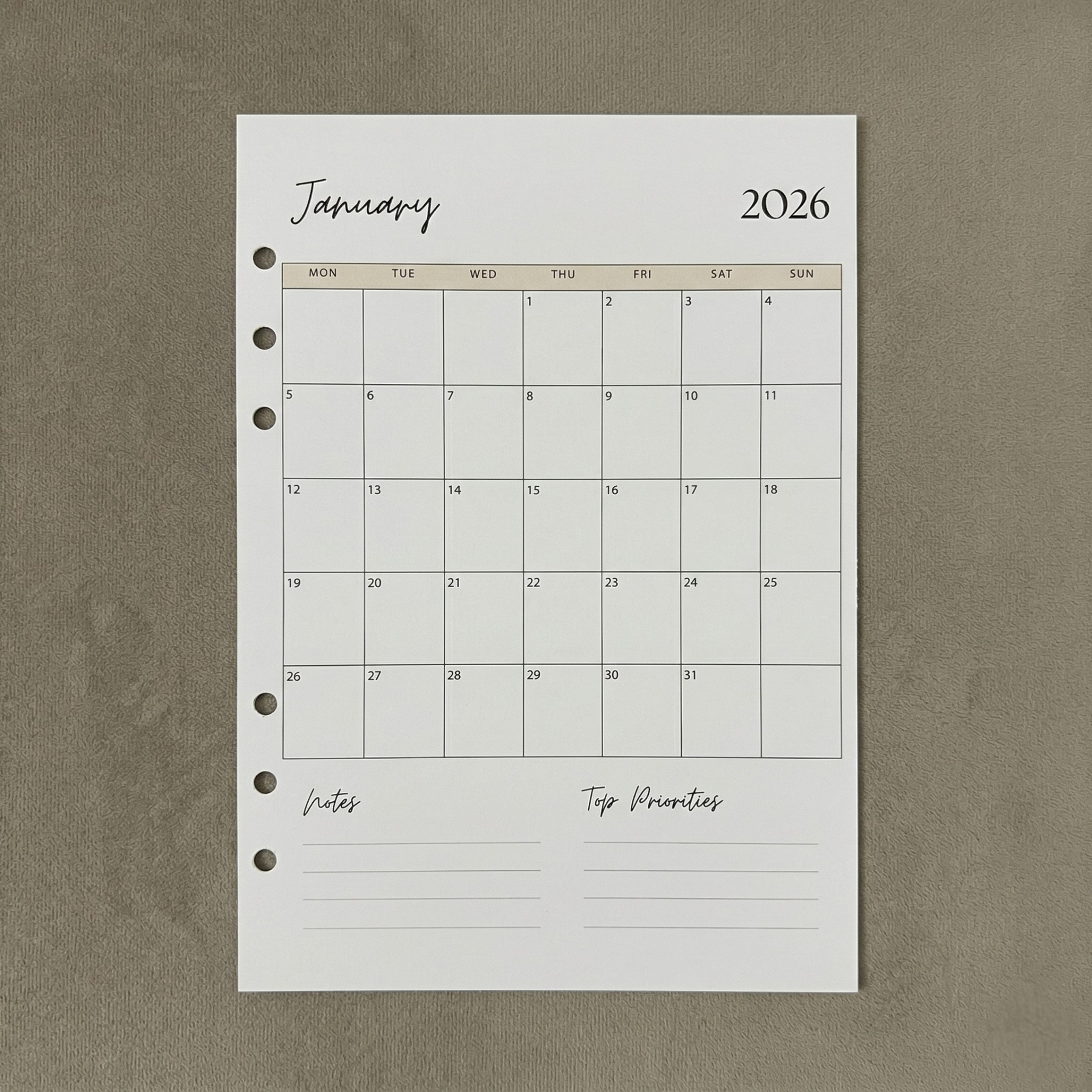 Monthly Overview 2026 | A5 Ring Binder Inserts