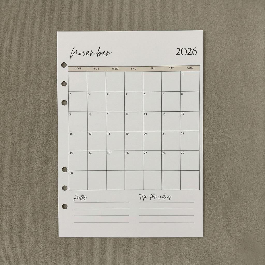 Monthly Overview 2026 | A5 Ring Binder Inserts