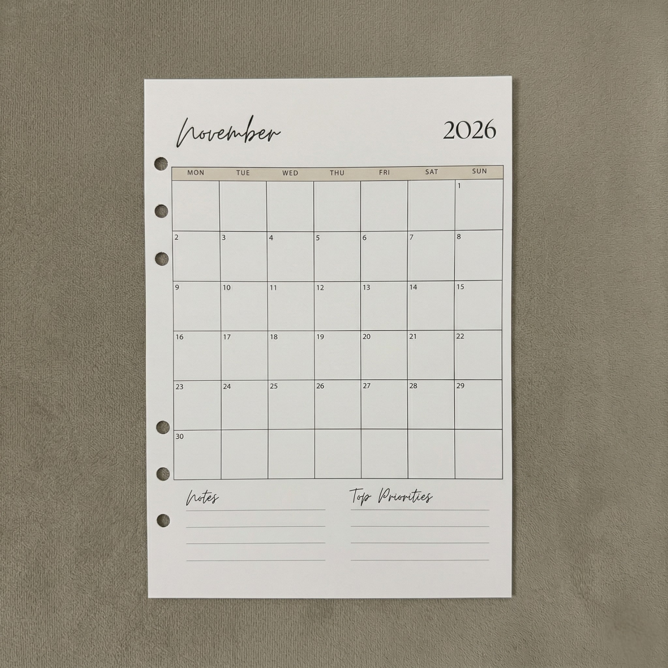 Monthly Overview 2026 | A5 Ring Binder Inserts