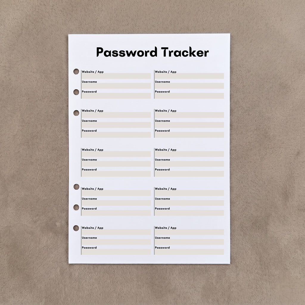 Password Tracker | A5 Ring Binder Inserts