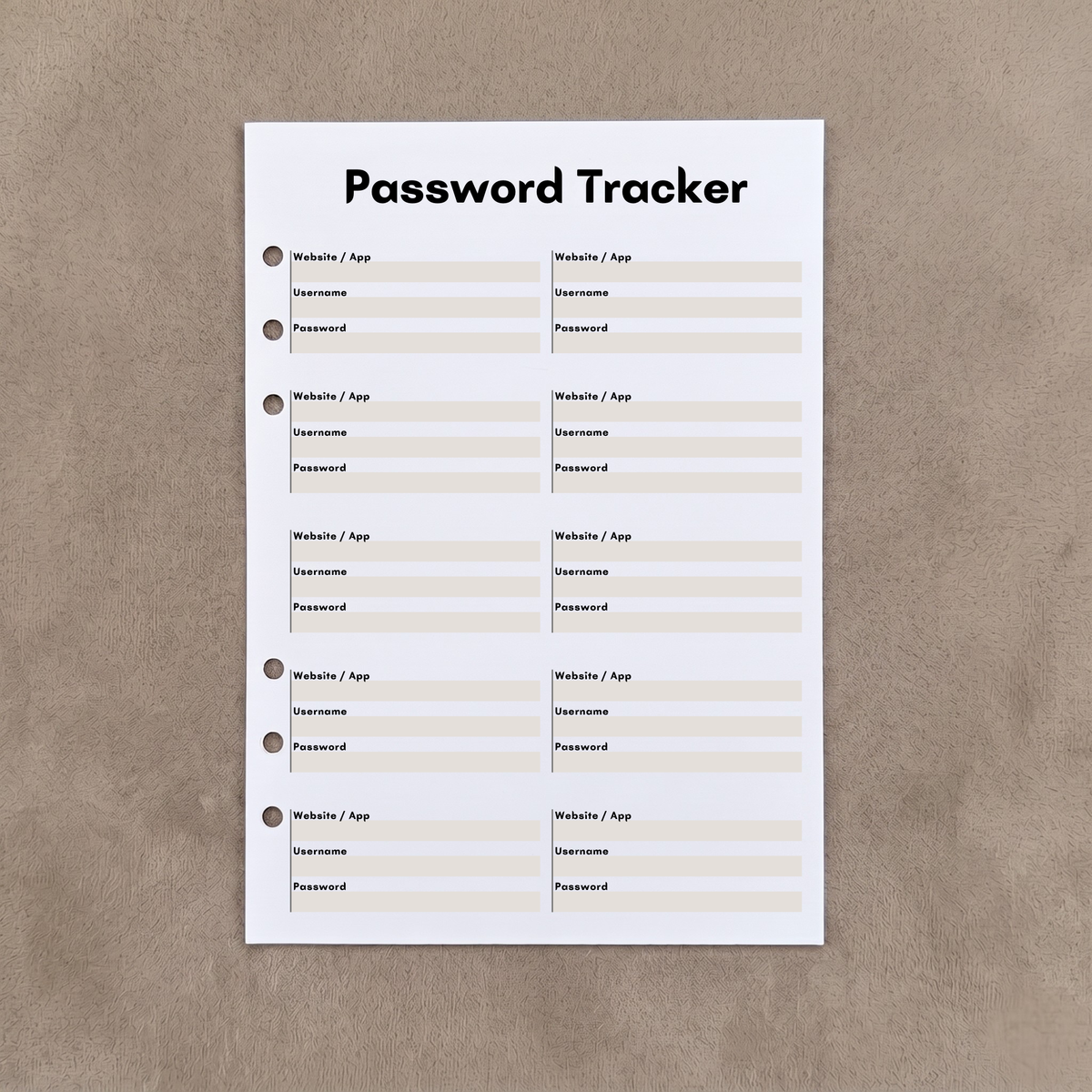 Password Tracker | A5 Ring Binder Inserts