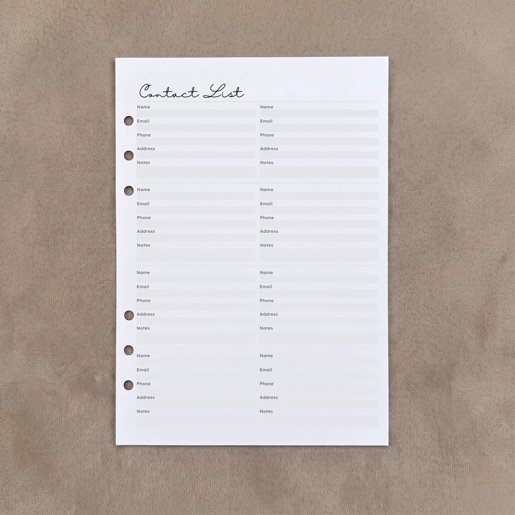 Contact List | A5 Ring Binder Inserts